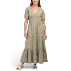Lucky Brand Womens XL Dress‎ Tiered Long Midi Bohemian Green Short Sleeve Cotton